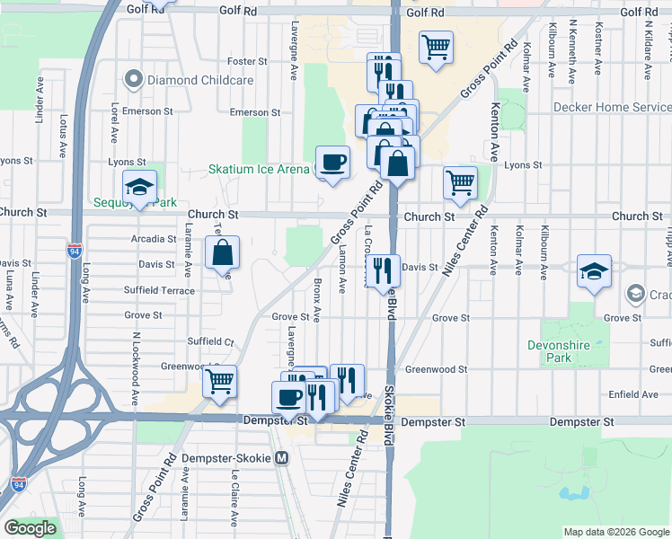 map of restaurants, bars, coffee shops, grocery stores, and more near 9117 Gross Point Road in Skokie