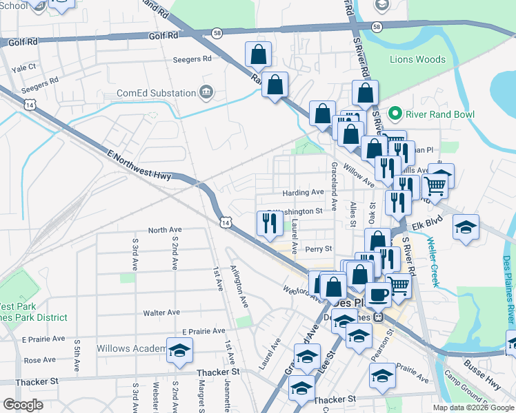 map of restaurants, bars, coffee shops, grocery stores, and more near 361 Western Avenue in Des Plaines