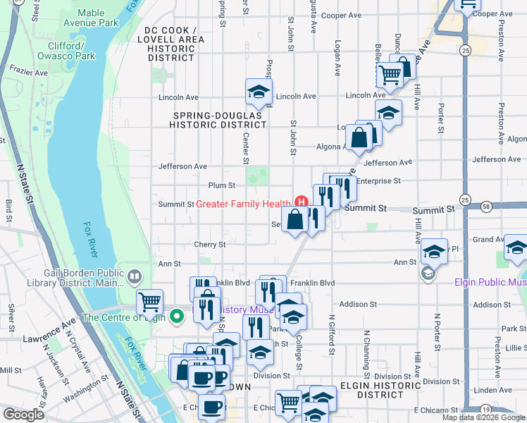 map of restaurants, bars, coffee shops, grocery stores, and more near 503 Prospect Boulevard in Elgin