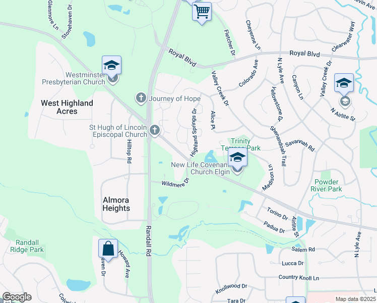 map of restaurants, bars, coffee shops, grocery stores, and more near 520 Redtail Ridge in Elgin