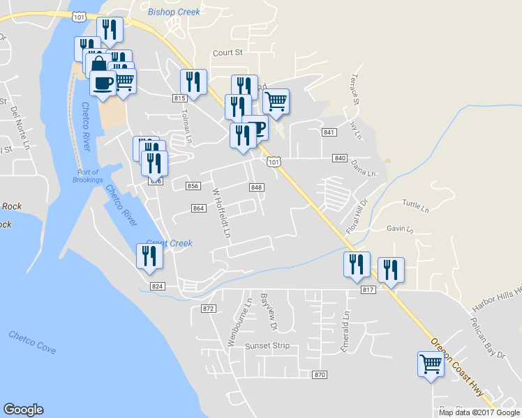 map of restaurants, bars, coffee shops, grocery stores, and more near 16126 Gustafson Lane in Brookings