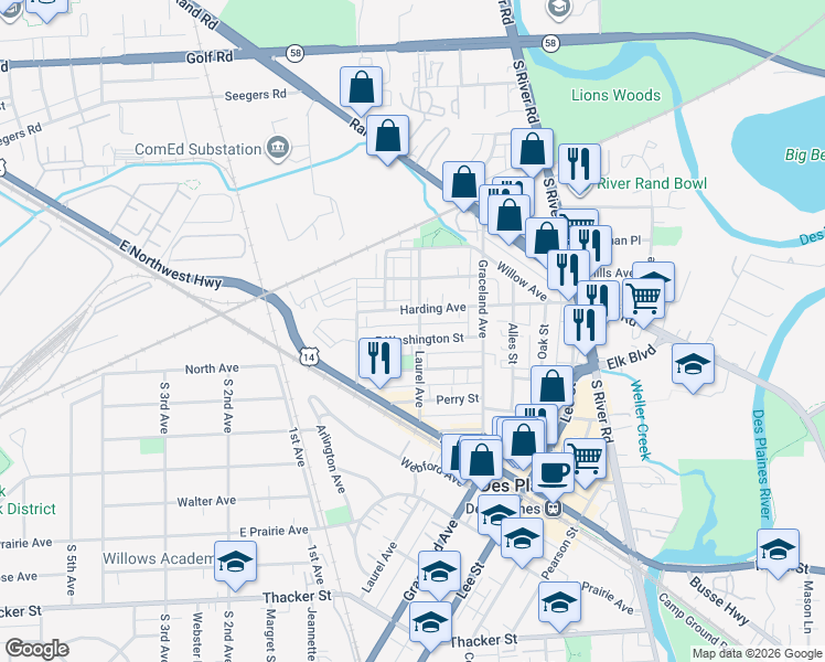 map of restaurants, bars, coffee shops, grocery stores, and more near 1279 Harding Avenue in Des Plaines