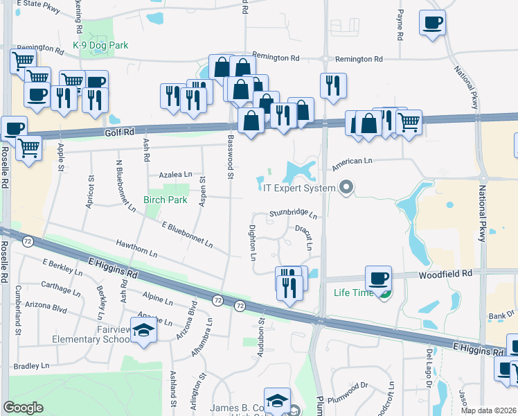 map of restaurants, bars, coffee shops, grocery stores, and more near 610 Sturnbridge Lane in Schaumburg