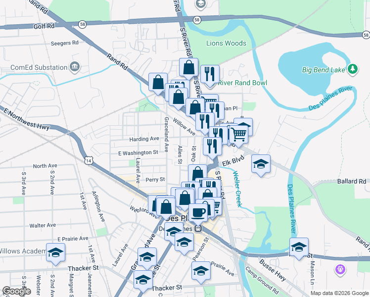 map of restaurants, bars, coffee shops, grocery stores, and more near 387 Alles Street in Des Plaines