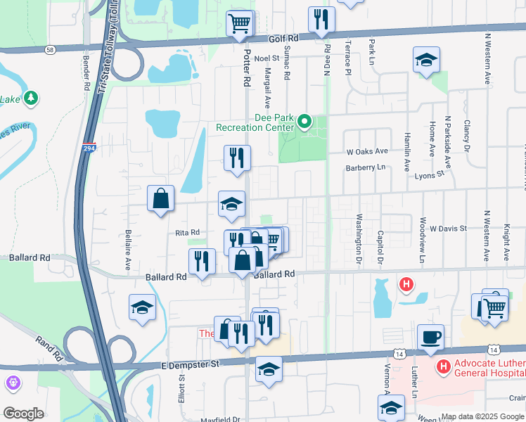 map of restaurants, bars, coffee shops, grocery stores, and more near 9375 West Church Street in Des Plaines