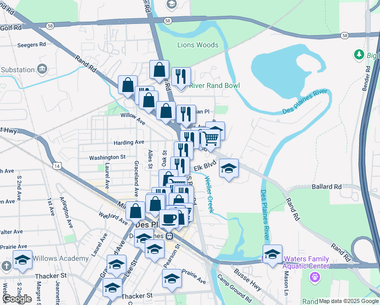 map of restaurants, bars, coffee shops, grocery stores, and more near 405 South River Road in Des Plaines