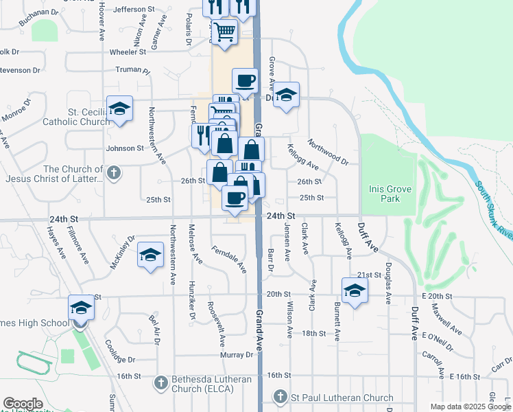 map of restaurants, bars, coffee shops, grocery stores, and more near 2423 Grand Avenue in Ames