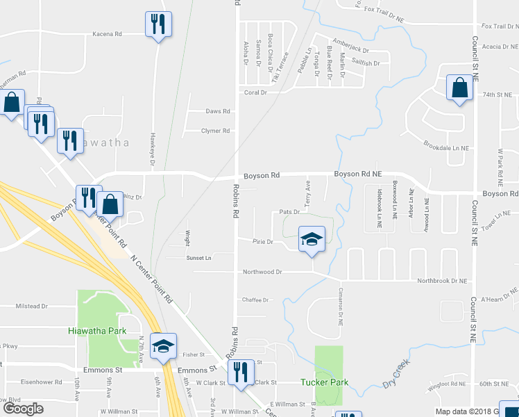 map of restaurants, bars, coffee shops, grocery stores, and more near 825 Brandon Avenue in Hiawatha