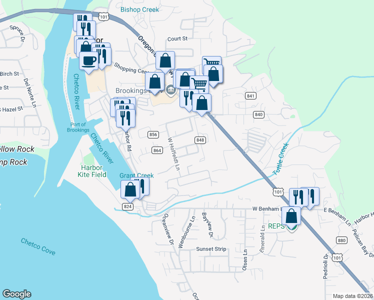 map of restaurants, bars, coffee shops, grocery stores, and more near 16131 West Hoffeldt Lane in Brookings