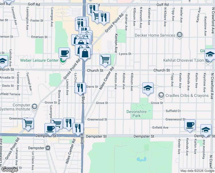 map of restaurants, bars, coffee shops, grocery stores, and more near Davis St & Knox Ave in Skokie