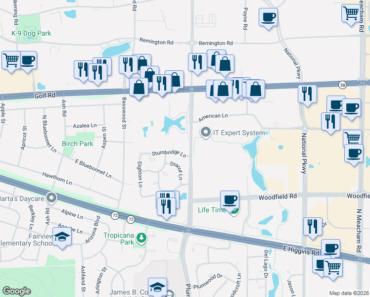 map of restaurants, bars, coffee shops, grocery stores, and more near 1002 North Plum Grove Road in Schaumburg