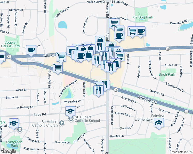 map of restaurants, bars, coffee shops, grocery stores, and more near 80 W Higgins Rd in Hoffman Estates