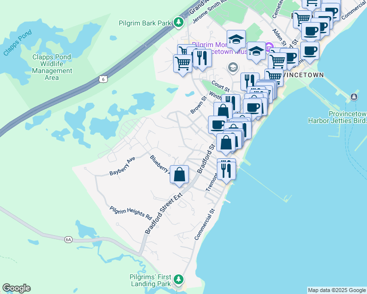 map of restaurants, bars, coffee shops, grocery stores, and more near 39 West Franklin Street in Provincetown