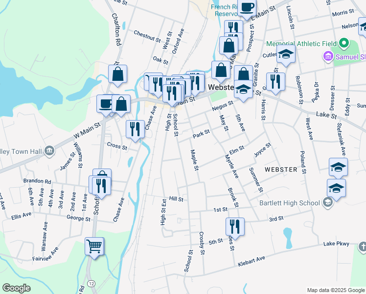 map of restaurants, bars, coffee shops, grocery stores, and more near 6 Maple Street in Webster