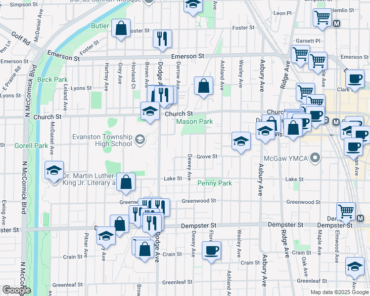 map of restaurants, bars, coffee shops, grocery stores, and more near 1574 Darrow Avenue in Evanston