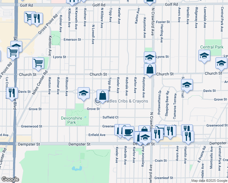 map of restaurants, bars, coffee shops, grocery stores, and more near 9107 Tripp Avenue in Skokie