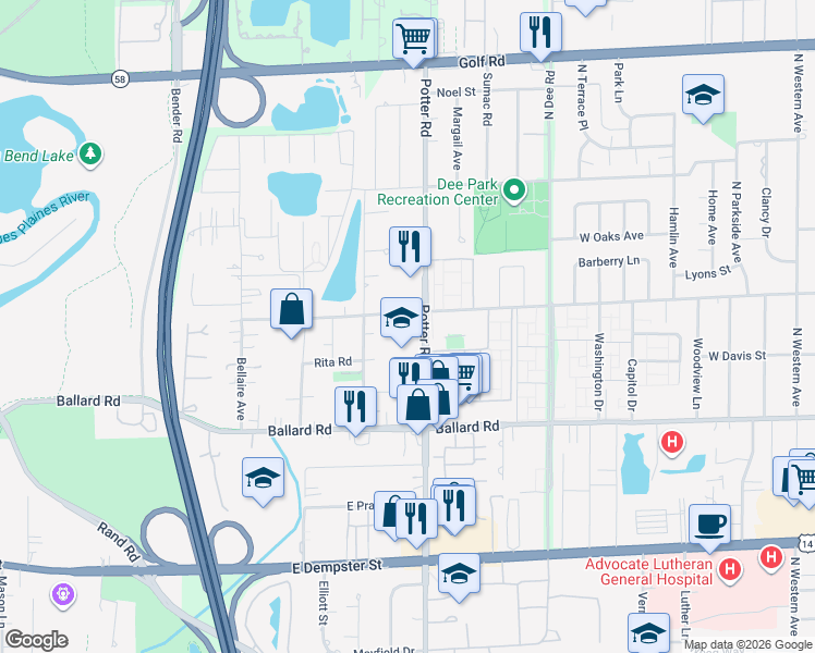 map of restaurants, bars, coffee shops, grocery stores, and more near 2551 East Church Street in Des Plaines