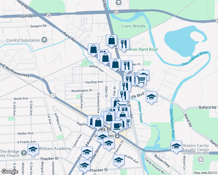 map of restaurants, bars, coffee shops, grocery stores, and more near 367 Alles Street in Des Plaines