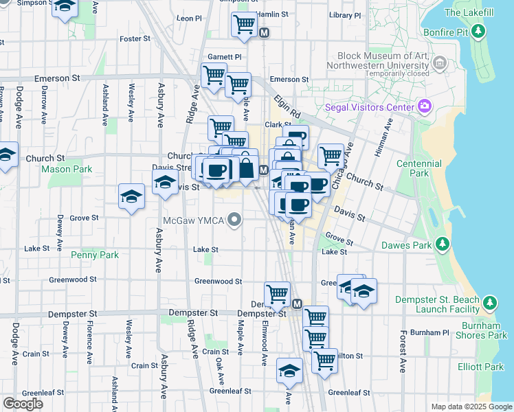 map of restaurants, bars, coffee shops, grocery stores, and more near 1570 Elmwood Avenue in Evanston