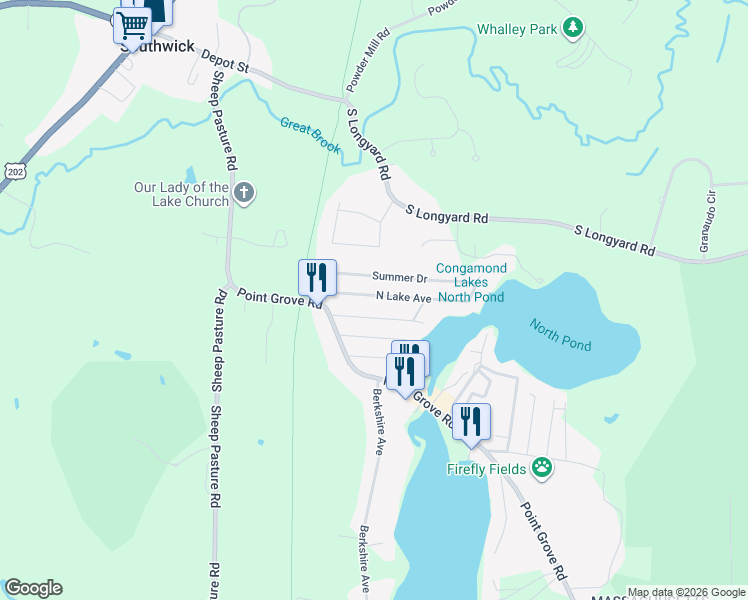 map of restaurants, bars, coffee shops, grocery stores, and more near 44 North Lake Avenue in Southwick