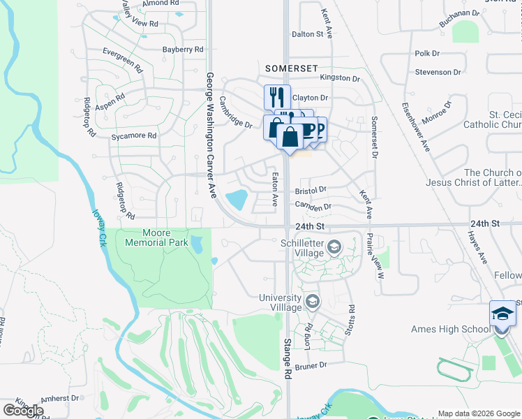 map of restaurants, bars, coffee shops, grocery stores, and more near 2422 Bradford Drive in Ames