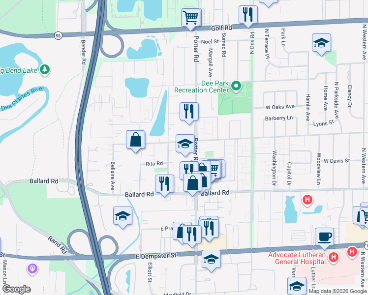 map of restaurants, bars, coffee shops, grocery stores, and more near 2551 East Church Street in Des Plaines