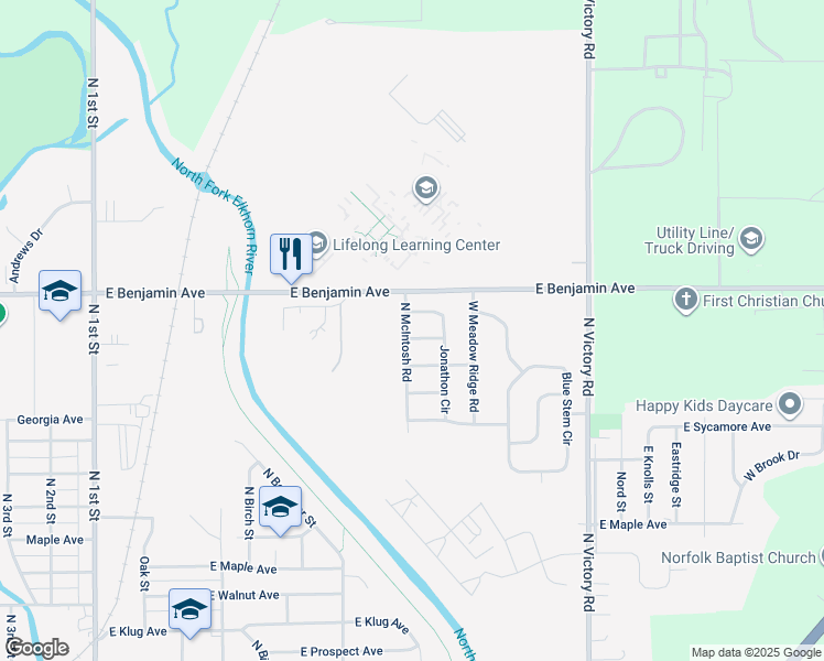 map of restaurants, bars, coffee shops, grocery stores, and more near 1122 North McIntosh Road in Norfolk