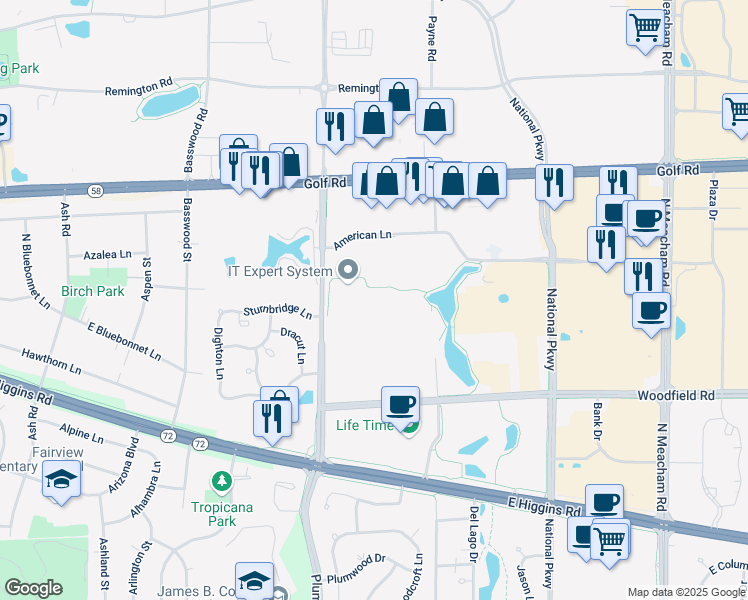 map of restaurants, bars, coffee shops, grocery stores, and more near Woodfield Office Center in Schaumburg