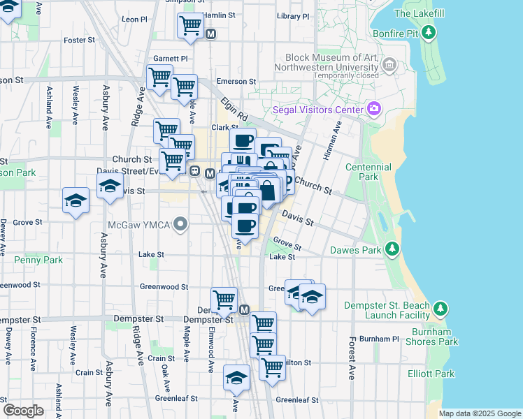 map of restaurants, bars, coffee shops, grocery stores, and more near 626 Davis Street in Evanston