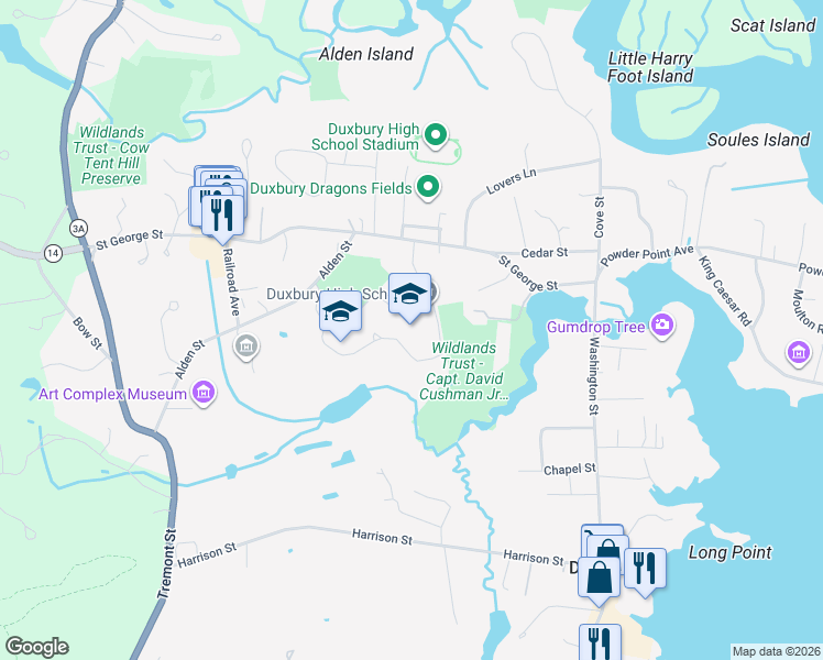 map of restaurants, bars, coffee shops, grocery stores, and more near 71 Alden Street in Duxbury