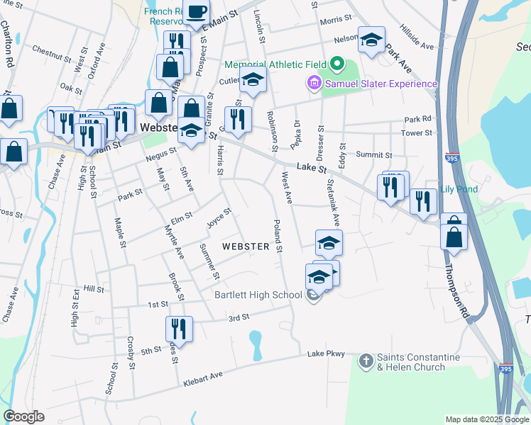 map of restaurants, bars, coffee shops, grocery stores, and more near 26 Poland Street in Webster