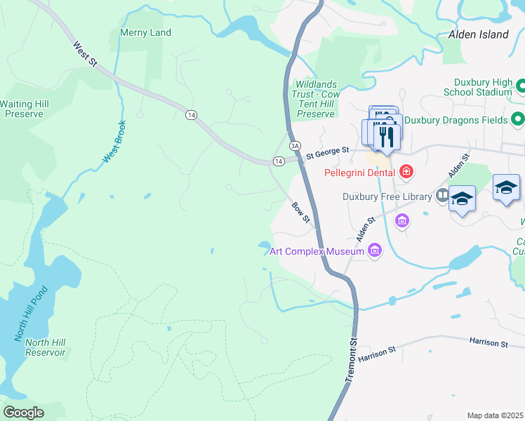 map of restaurants, bars, coffee shops, grocery stores, and more near 52 Bow Street in Duxbury
