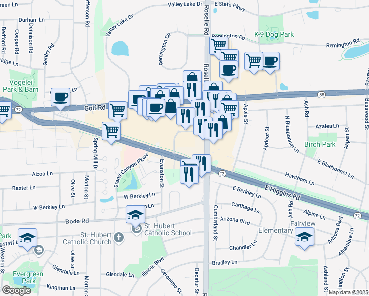 map of restaurants, bars, coffee shops, grocery stores, and more near 80 West Higgins Road in Hoffman Estates