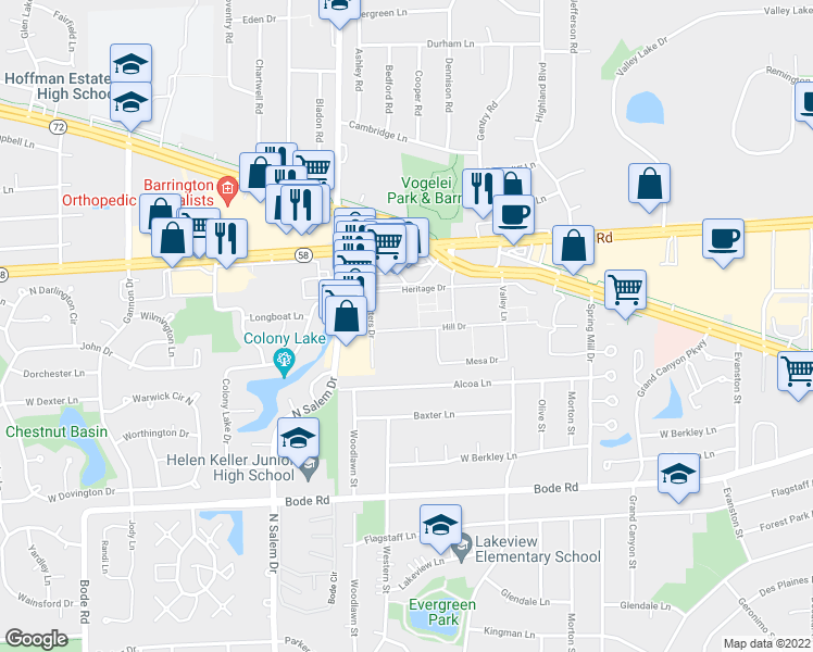 map of restaurants, bars, coffee shops, grocery stores, and more near 720 Hill Drive in Hoffman Estates