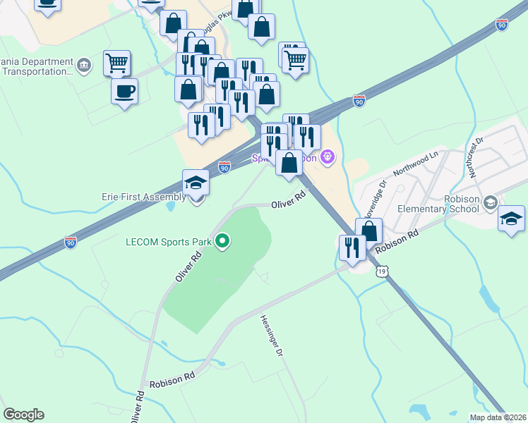 map of restaurants, bars, coffee shops, grocery stores, and more near 8055 Oliver Road in Erie