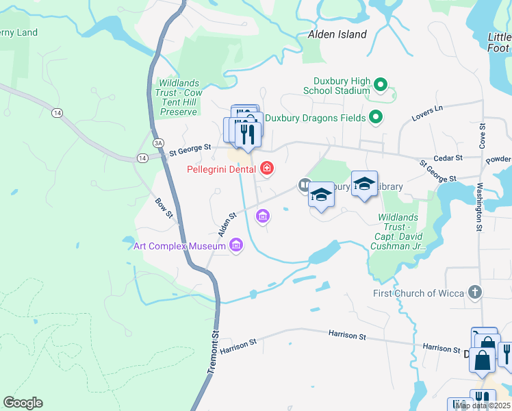 map of restaurants, bars, coffee shops, grocery stores, and more near 105 Alden Street in Duxbury