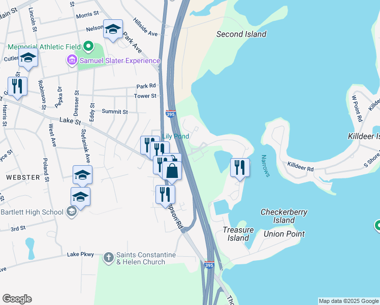 map of restaurants, bars, coffee shops, grocery stores, and more near 801 Beacon Park Road in Webster