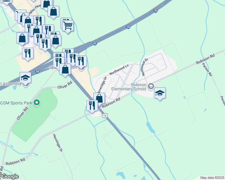 map of restaurants, bars, coffee shops, grocery stores, and more near 8197 Briercrest Drive in Erie