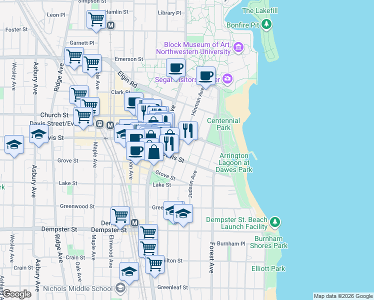 map of restaurants, bars, coffee shops, grocery stores, and more near 1625 Hinman Avenue in Evanston