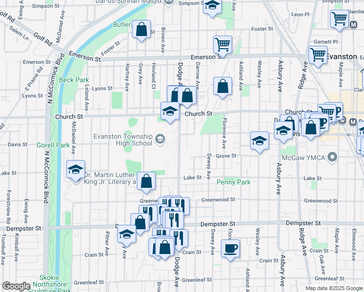 map of restaurants, bars, coffee shops, grocery stores, and more near 1571 Dodge Avenue in Evanston