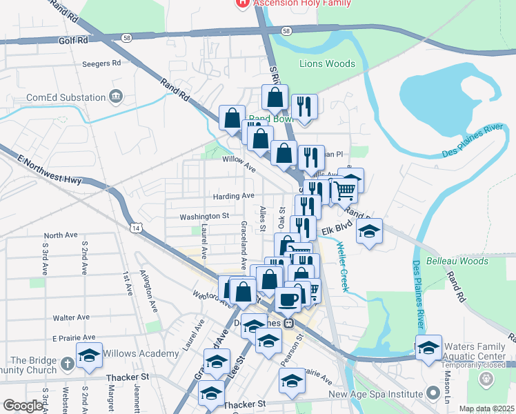 map of restaurants, bars, coffee shops, grocery stores, and more near 367 Alles Street in Des Plaines