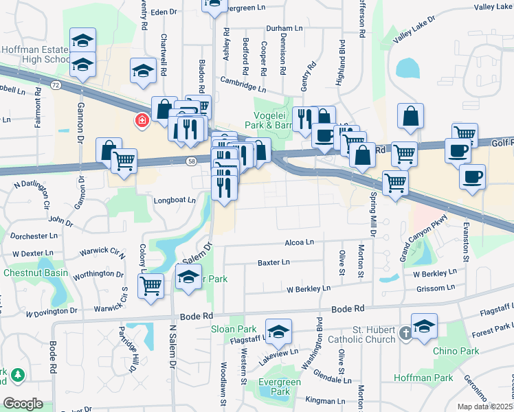 map of restaurants, bars, coffee shops, grocery stores, and more near 720 Hill Drive in Hoffman Estates