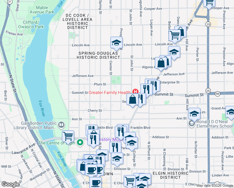 map of restaurants, bars, coffee shops, grocery stores, and more near 503 Prospect Boulevard in Elgin