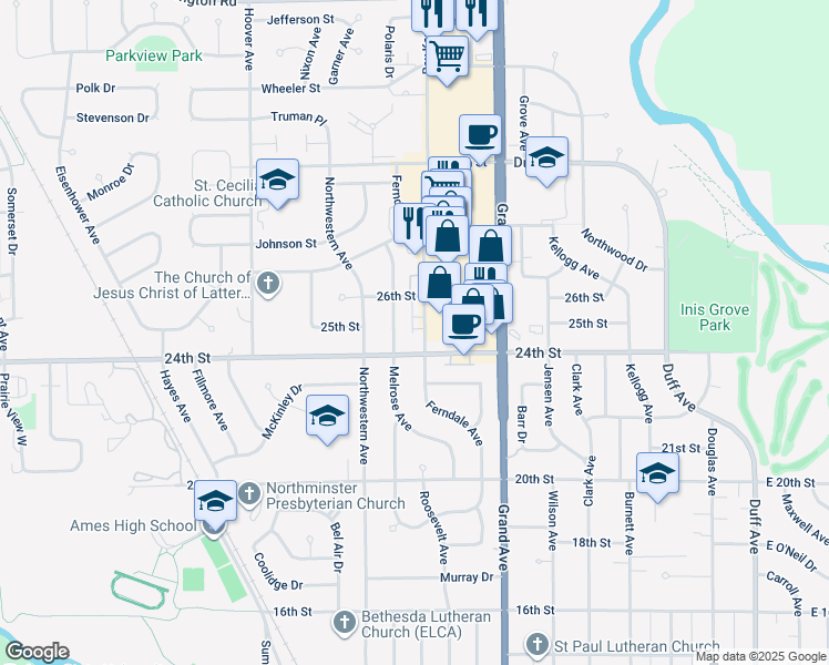 map of restaurants, bars, coffee shops, grocery stores, and more near 2503 Ferndale Avenue in Ames