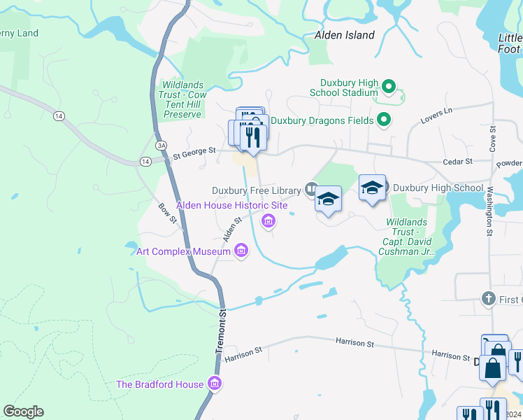 map of restaurants, bars, coffee shops, grocery stores, and more near 105 Alden Street in Duxbury