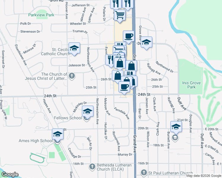 map of restaurants, bars, coffee shops, grocery stores, and more near 2417 Ferndale Avenue in Ames