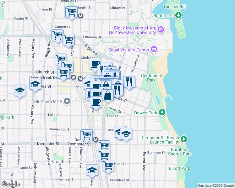 map of restaurants, bars, coffee shops, grocery stores, and more near 1602 Hinman Avenue in Evanston