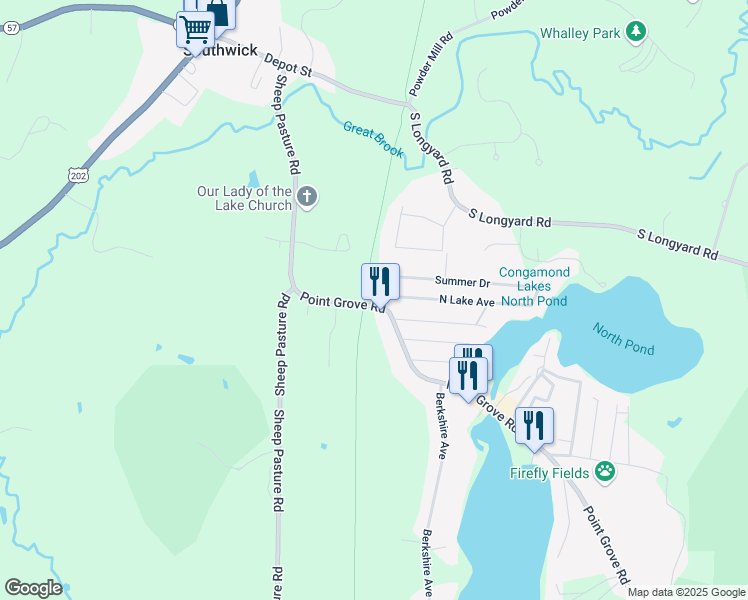 map of restaurants, bars, coffee shops, grocery stores, and more near 20 Point Grove Road in Southwick