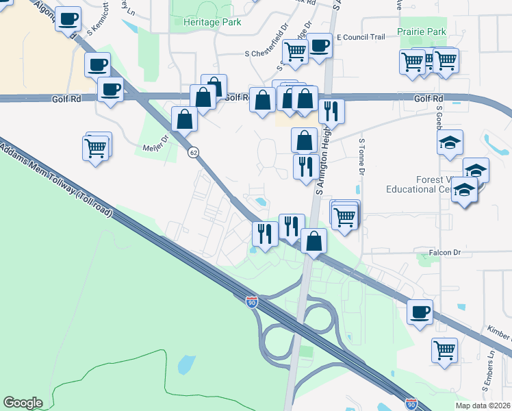 map of restaurants, bars, coffee shops, grocery stores, and more near 2201 South Crambourne Way in Arlington Heights