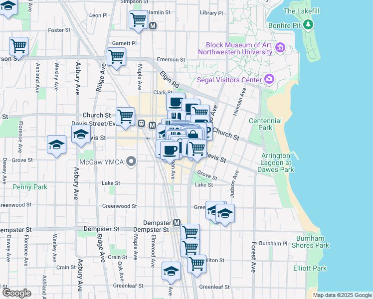 map of restaurants, bars, coffee shops, grocery stores, and more near 626 Davis Street in Evanston